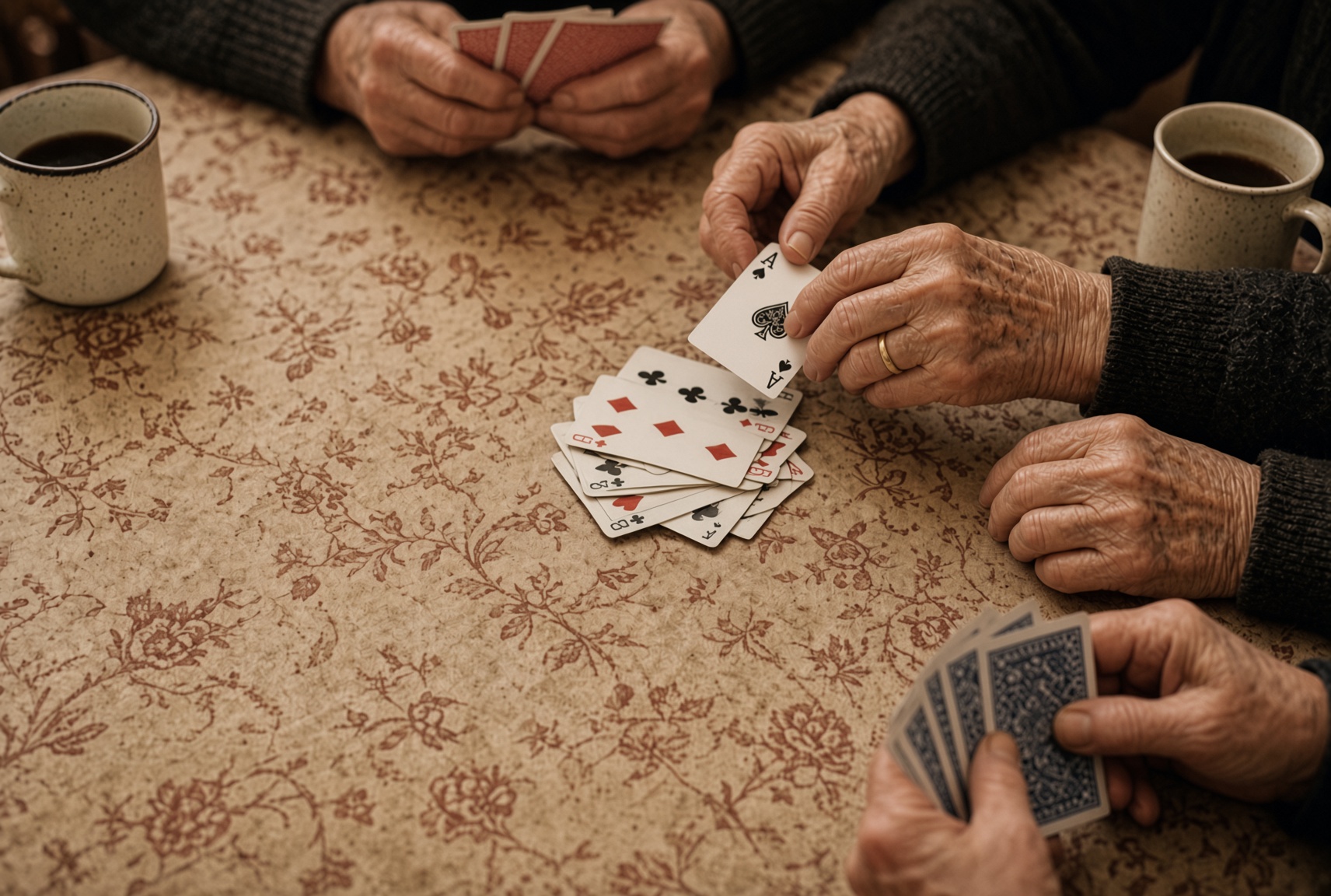Four pairs of older hands around a card table mid-game, cards played in the middle and coffee mugs at the edges
