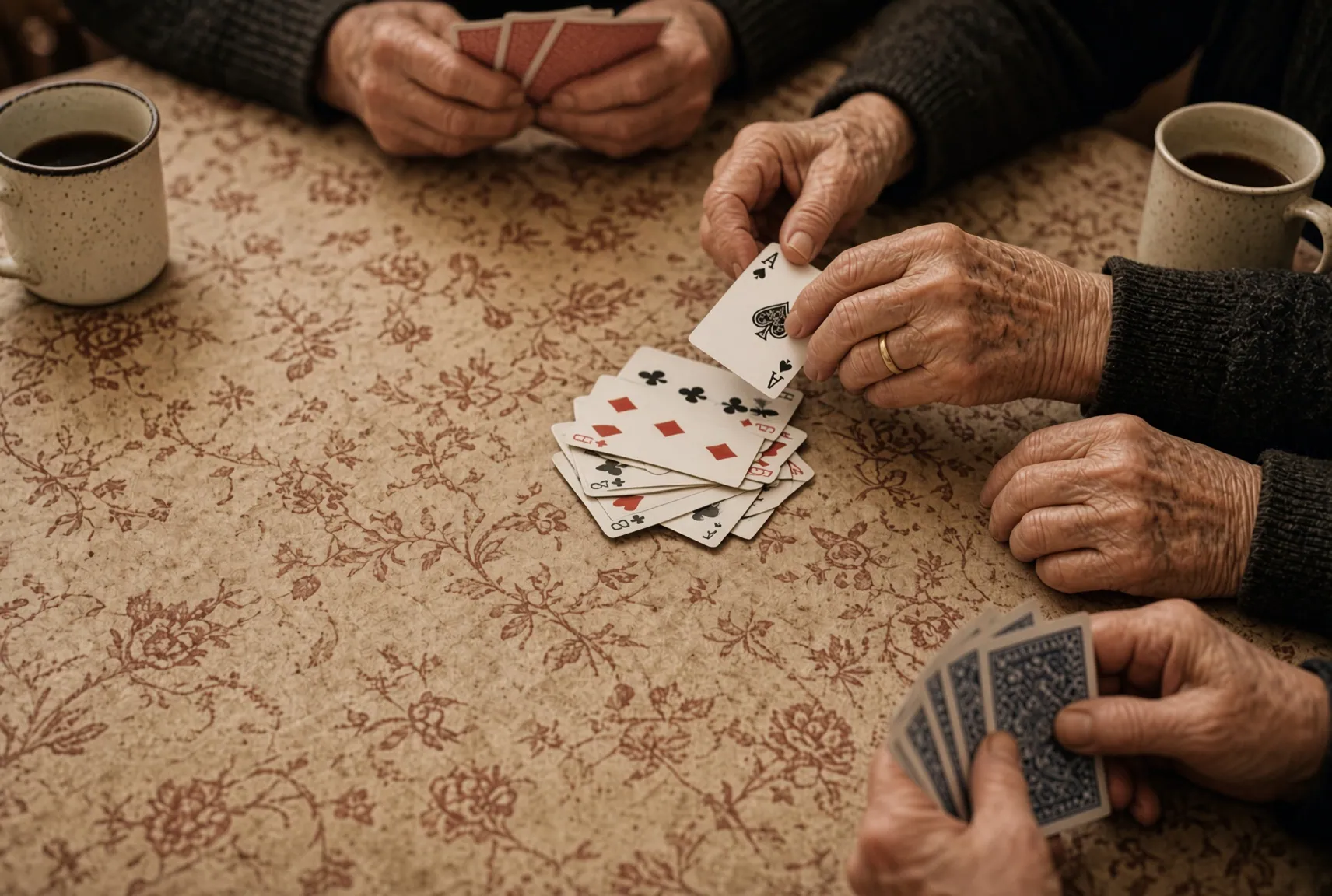 Four pairs of older hands around a card table mid-game, cards played in the middle and coffee mugs at the edges