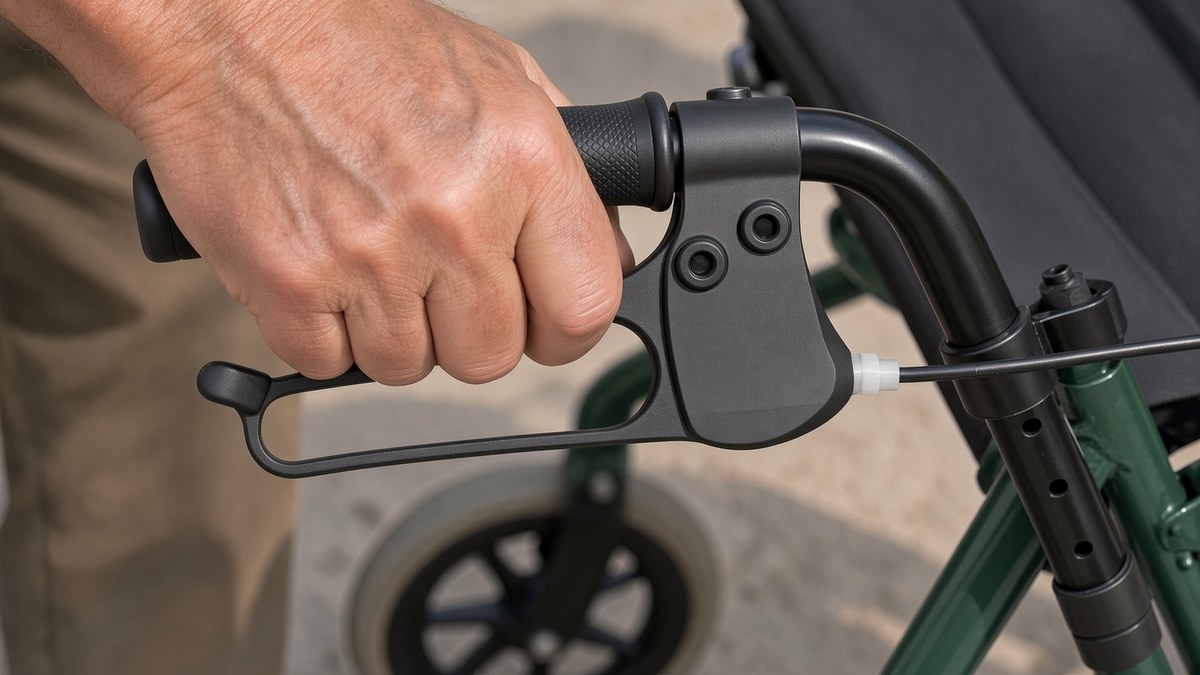 A close view of an older hand gripping the hand-brake lever on a rollator handle, the rear wheel and brake visible below and behind