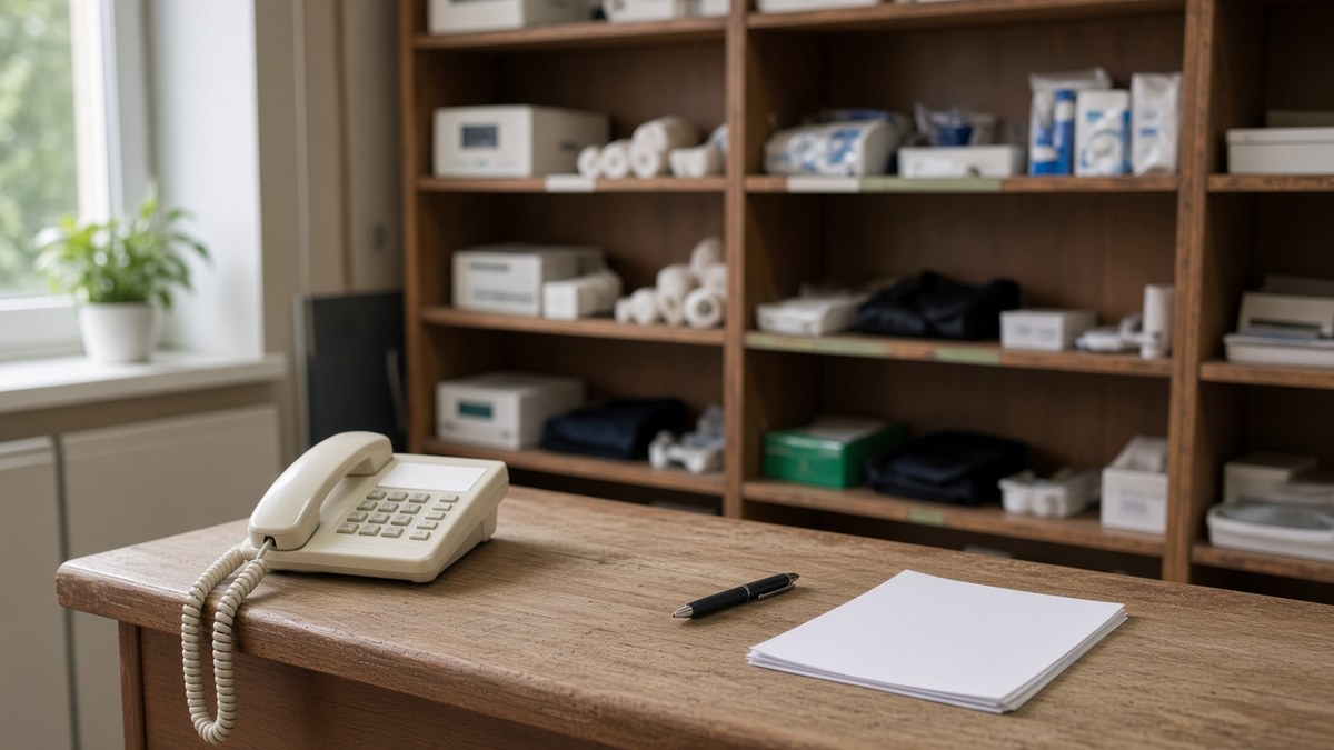 A small medical equipment shop counter in daylight with a telephone, a pen and a stack of blank paper on it, shelving of boxed supplies softly out of focus behind
