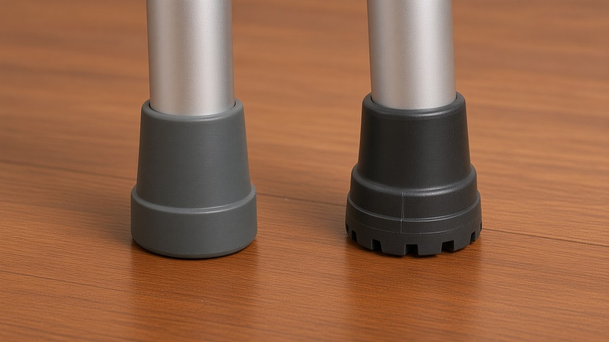 Two walking-aid legs side by side on a wooden floor, the rubber tip on the left worn completely smooth and flat, the tip on the right new with sharp fresh tread