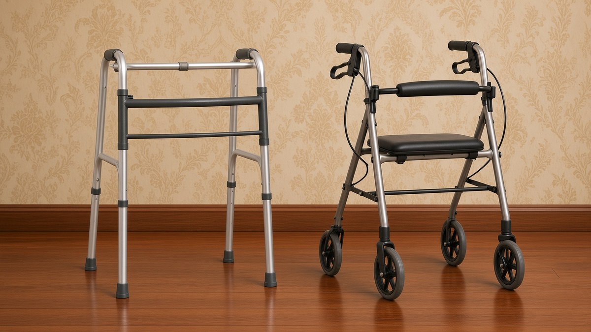 A plain four-legged aluminium walker with rubber tips standing beside a four-wheeled rollator with a padded seat and hand brakes, side by side on a wooden floor