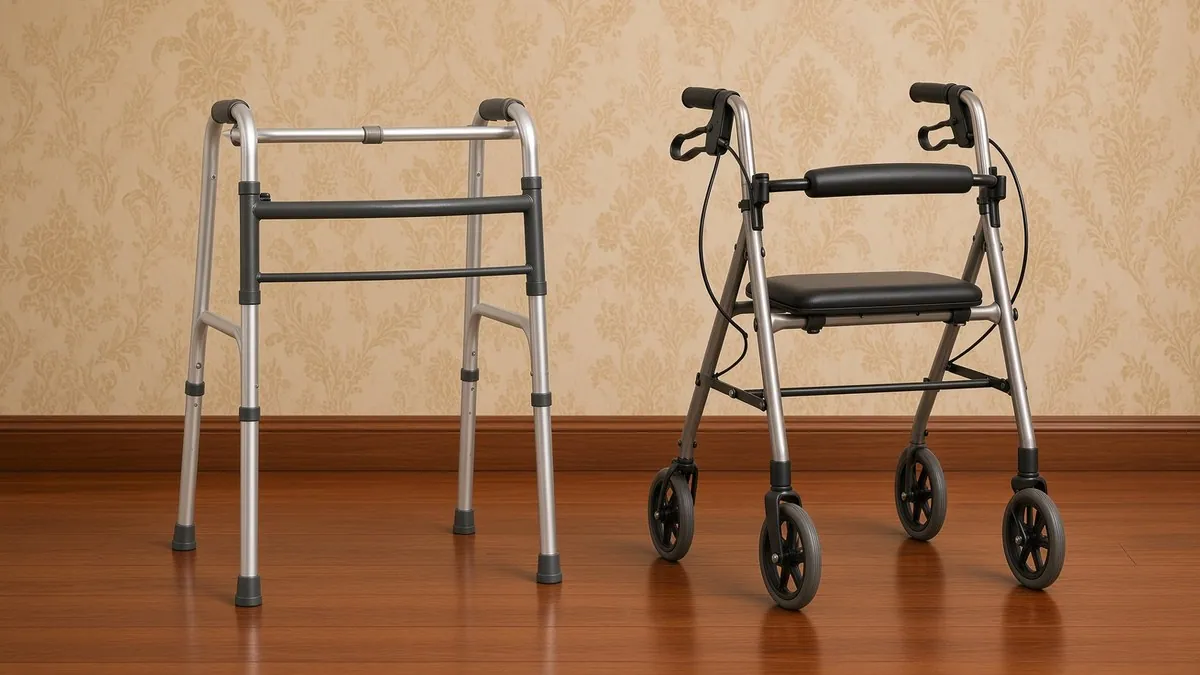 A plain four-legged aluminium walker with rubber tips standing beside a four-wheeled rollator with a padded seat and hand brakes, side by side on a wooden floor