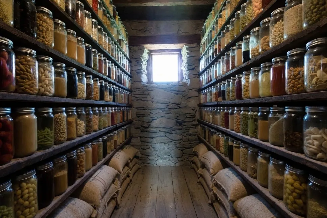 A deep stone-walled pantry with shelves from floor to ceiling packed with home-canned jars, sacks of dry goods stacked below and one small window at the far end