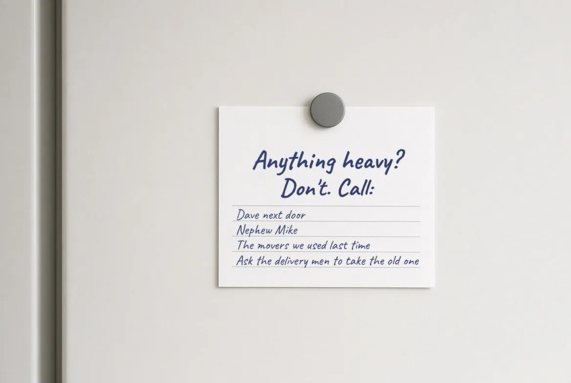 A handwritten index card held on a refrigerator door by a magnet, reading Anything heavy? Don't. Call: Dave next door, Nephew Mike, The movers we used last time, Ask the delivery men to take the old one