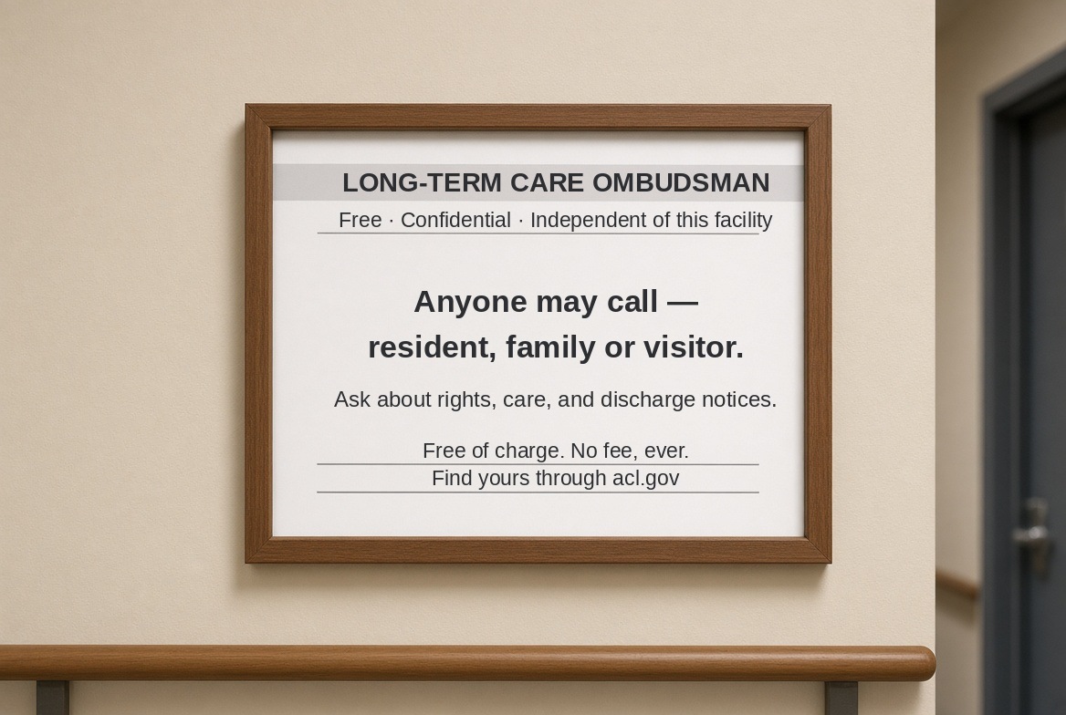 A framed notice on a corridor wall above a handrail, headed Long-Term Care Ombudsman and reading free, confidential, independent of this facility; anyone may call, resident, family or visitor; ask about rights, care and discharge notices; free of charge, no fee ever; find yours through acl dot gov