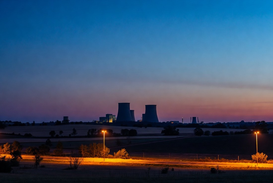 Nuclear plant cooling towers silhouetted across farmland at dusk with no steam rising from them, a lit road in the foreground