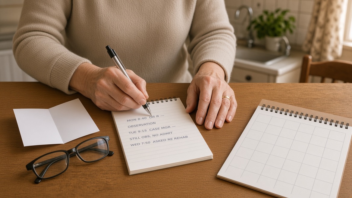 An older woman writing at a kitchen table on a spiral notepad, the page reading Monday 8:40am asked the doctor, told observation, Tuesday 11:15am asked again still observation, Wednesday 9:00am case manager no admit order, with reading glasses and a blank calendar beside her