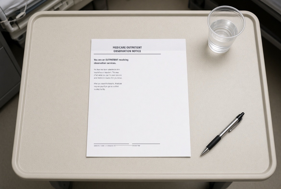 A Medicare Outpatient Observation Notice lying on a hospital tray table beside a plastic water cup and a pen, stating that the patient is an outpatient receiving observation services and that Medicare may not pay for a skilled nursing facility afterwards, with a signature and date line at the foot