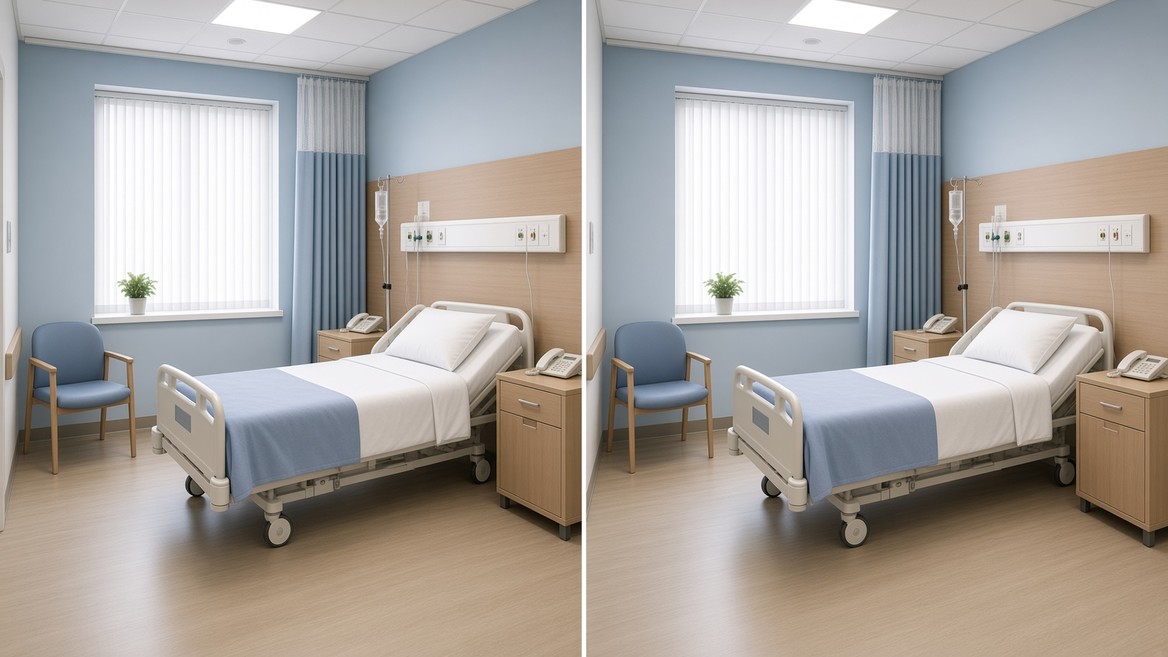 Two identical hospital rooms side by side in a single frame — same bed, same blanket, same IV pole, same chair by the window, indistinguishable from one another