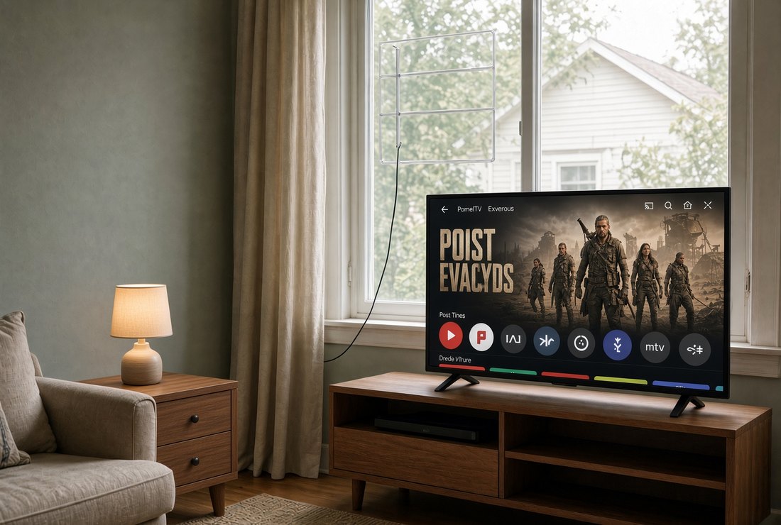 A living room with a thin indoor TV antenna fixed in the window, its cable running down to a large flat-screen television on a low wooden stand beside an armchair and a lamp