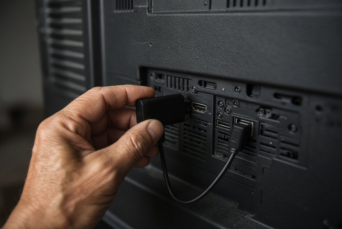 A weathered hand plugging a small black streaming stick into the HDMI socket on the back panel of a television, with its short power cable running to the USB port beside it