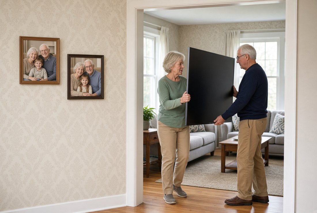 A woman and a man in their sixties carrying a large flat-screen television upright between them through a doorway into a living room, each holding the frame with both hands