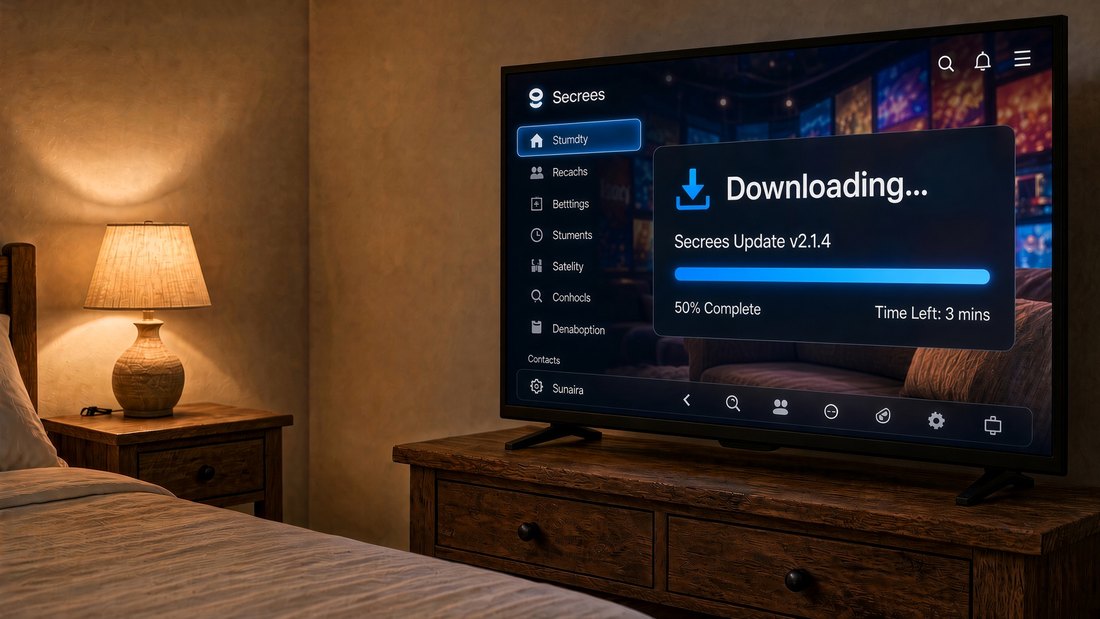 A flat-screen television on a wooden dresser in a lamplit bedroom, showing a download progress bar about half full with a few minutes left