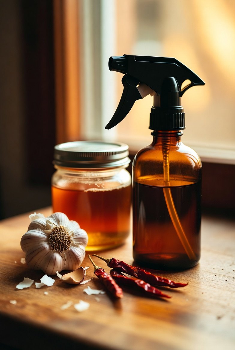 A head of garlic, a few dried cayenne pods, a jar of amber steeping tea and a plain amber spray bottle on a wooden kitchen counter in window light