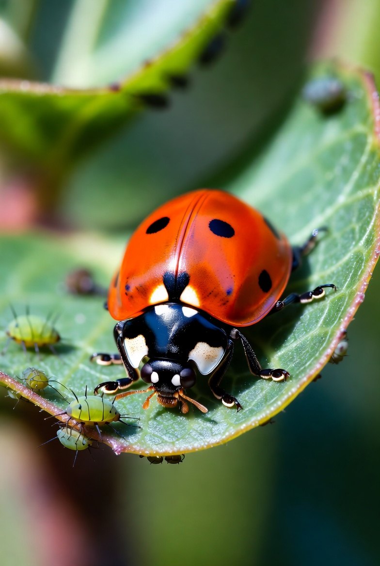 Close view of a ladybug on a green leaf surrounded by a small cluster of pale green aphids
