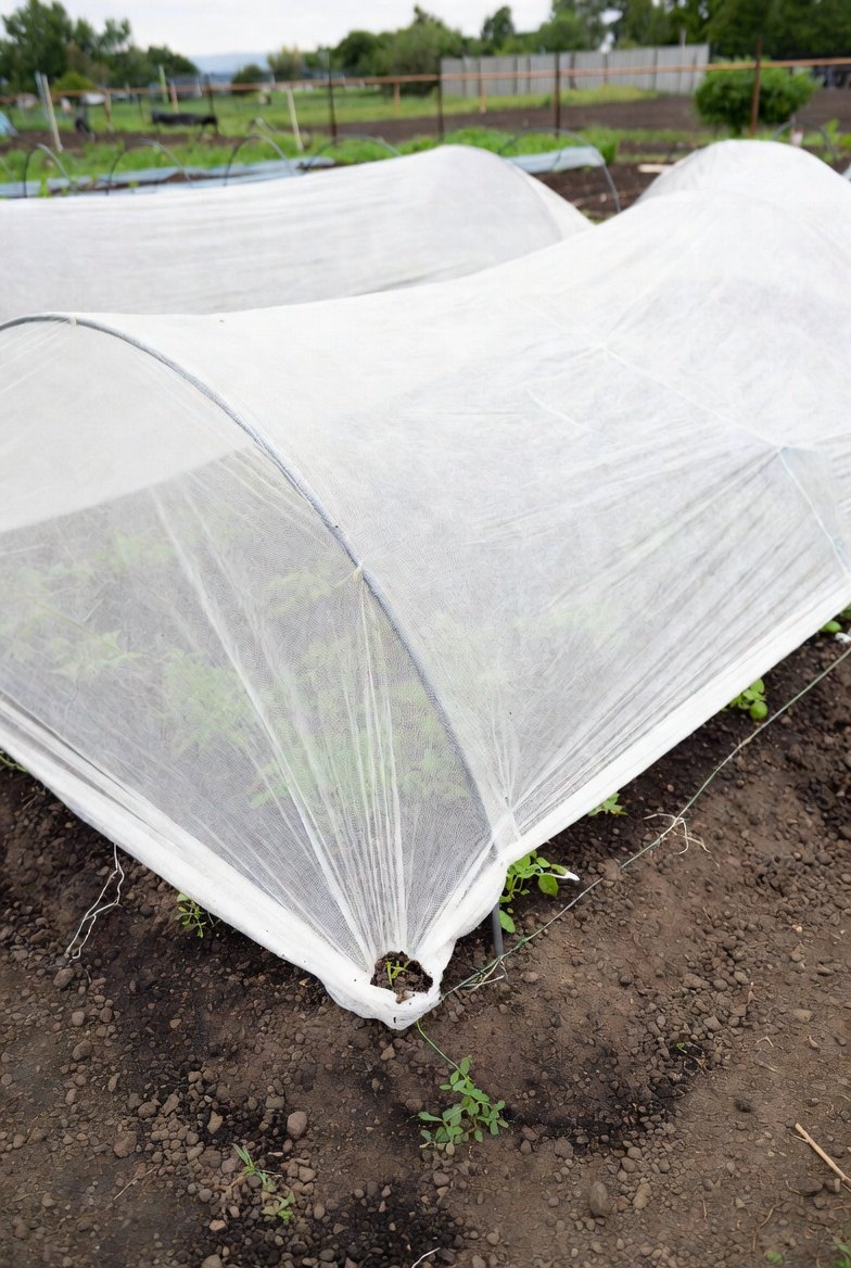 White floating row cover stretched over wire hoops along a garden bed, the edges pinned down with soil and young plants visible underneath