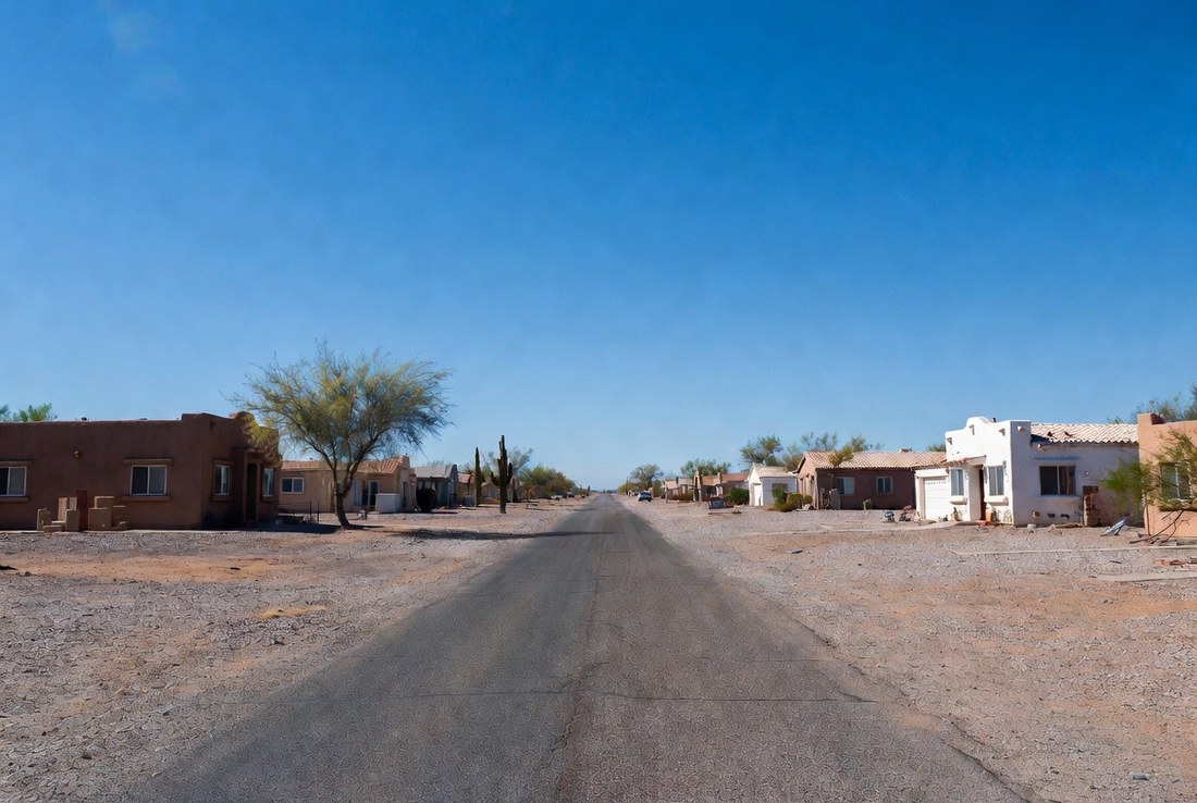 A residential street in the desert Southwest at midday, low block houses with gravel yards, a saguaro and a palo verde, hard white light and an empty road