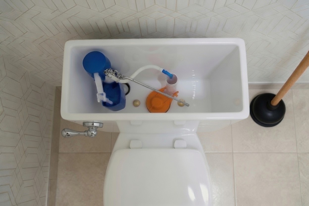 Looking down into an open toilet tank with the lid off and the water drained: the fill valve and its float stand on the left, the flapper sits in the middle over the opening, and the handle is on the outside of the left wall