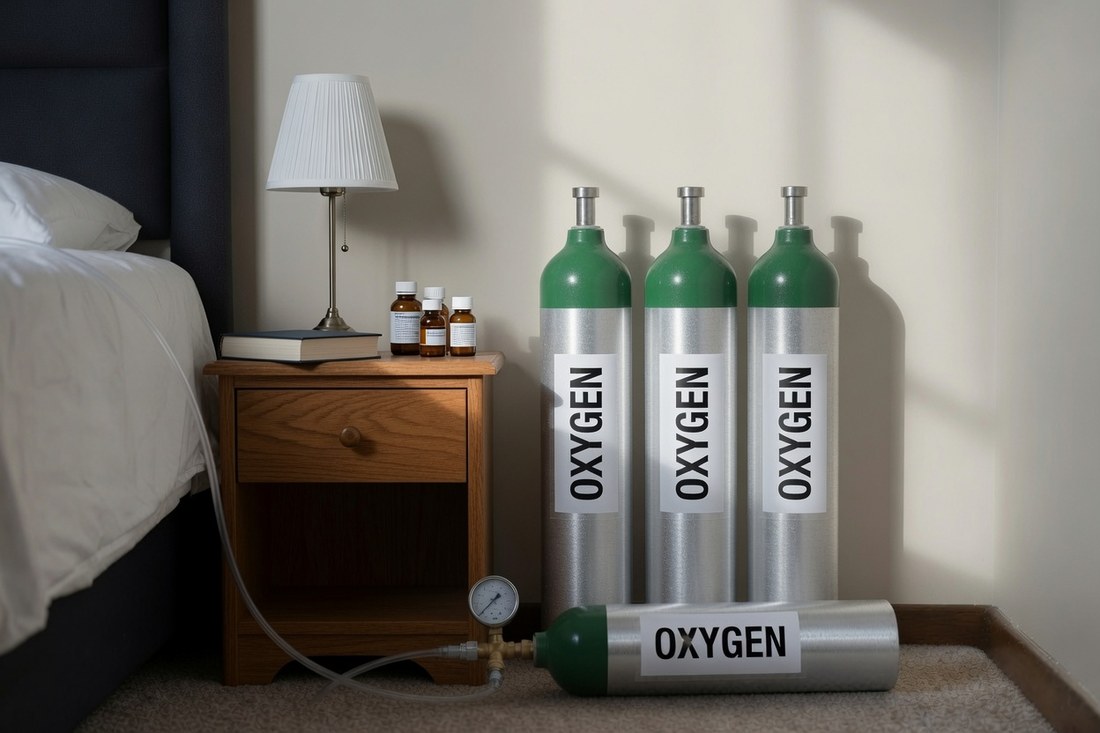 Four portable oxygen cylinders standing in the corner of a bedroom beside a nightstand, a fifth lying on its side on the floor, a regulator and gauge attached