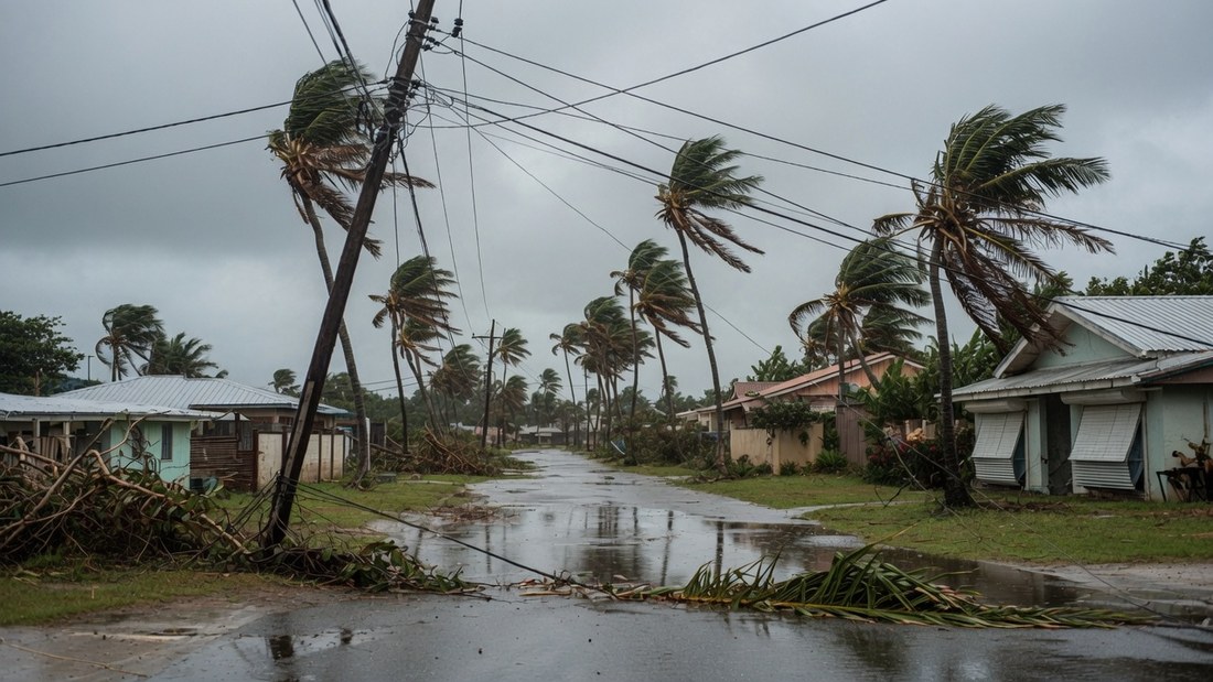 A residential street in the tropics after a hurricane, palms stripped and bent, a leaning pole with power lines down across the wet road, houses shuttered