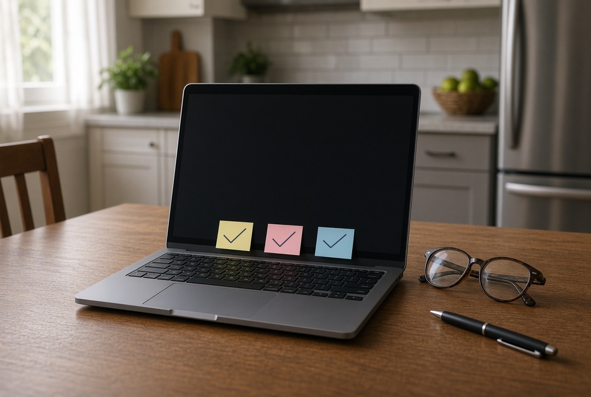 Three small sticky notes stuck in a row along the bottom edge of a closed laptop screen on a kitchen table, each one marked with a hand-drawn tick, a pen and a pair of reading glasses on the table beside it