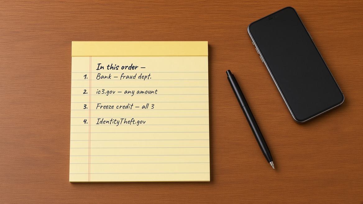 A yellow legal pad on a wooden desk with a pen and a phone beside it, headed &ldquo;In this order&rdquo; and four numbered lines written out by hand &mdash; bank fraud department, ic3.gov for any amount, freeze credit at all three, and IdentityTheft.gov