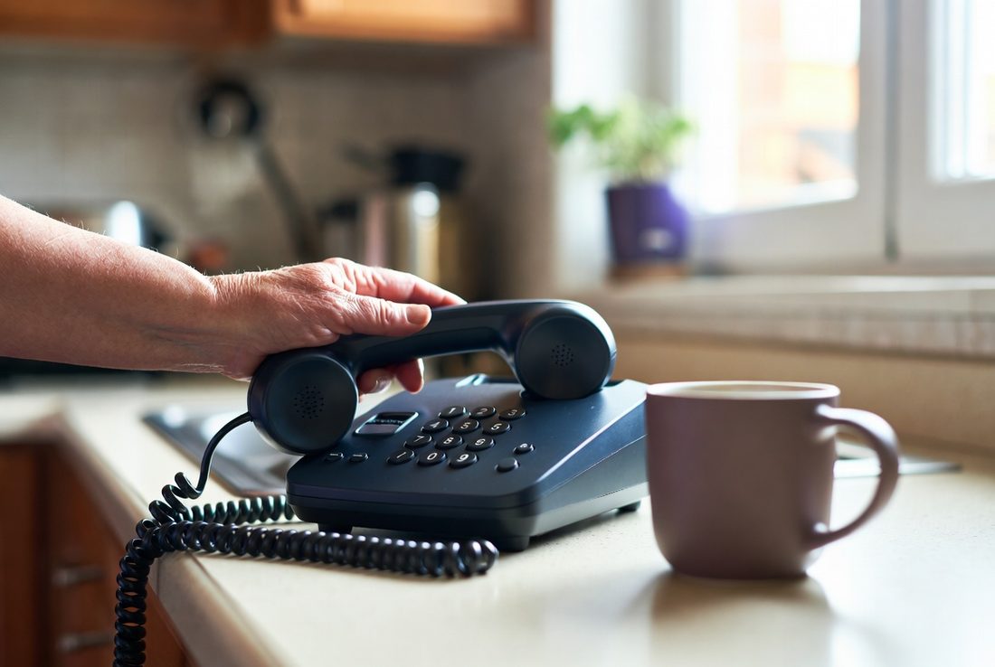 An older person's hand setting a corded telephone handset back down on a kitchen counter beside a mug, unhurried