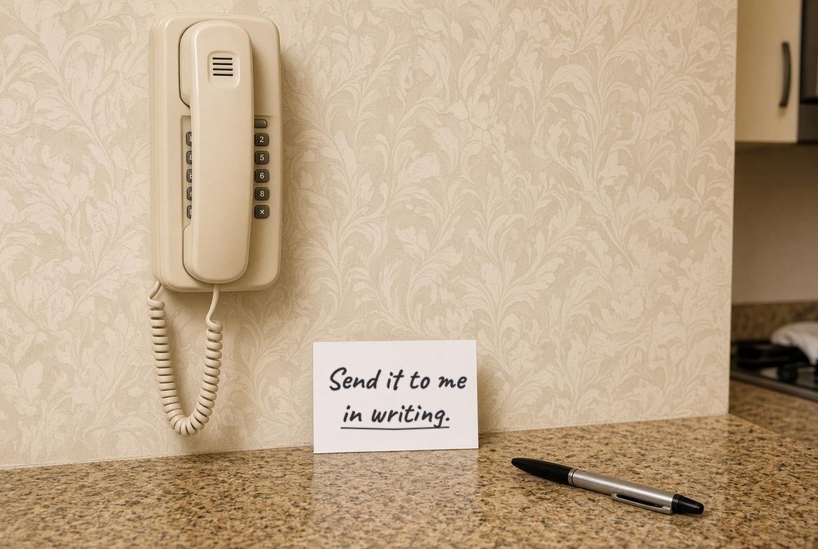 A handwritten index card reading Send it to me in writing, propped against the wall beside a wall-mounted corded telephone, with a pen on the counter