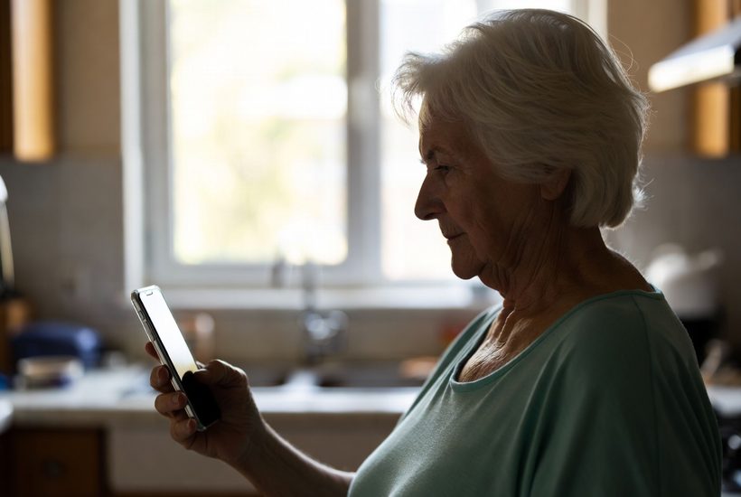 An older woman standing in her kitchen looking at her telephone, a bright window behind her