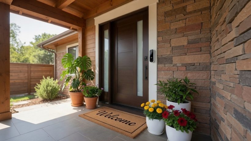 A doorbell camera mounted on the wall beside a dark wooden front door, with potted flowers and a welcome mat on the porch