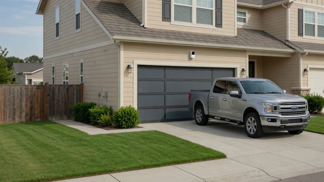 A small camera mounted on the wall above a garage door, covering the driveway and the parked pickup in front of it