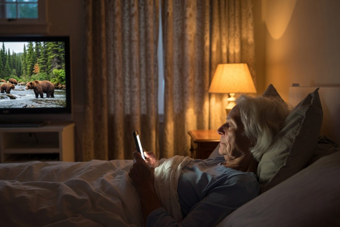 An older woman propped up in bed at night looking at her telephone, a lamp lit beside her and the television on across the room