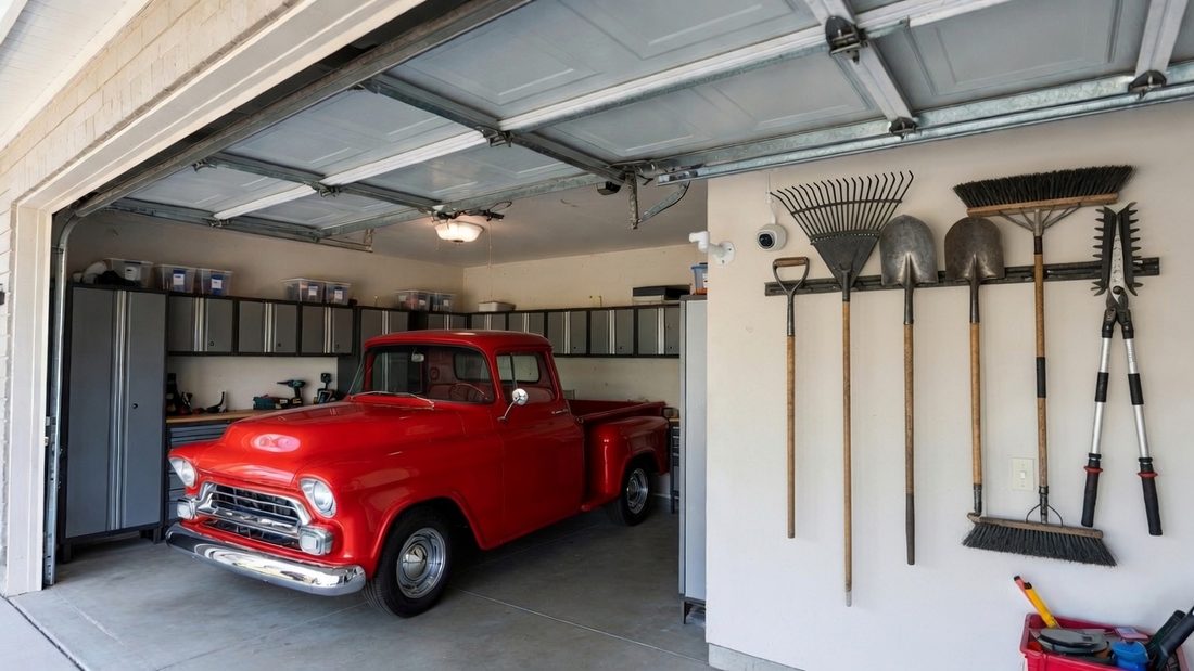 The inside of a garage with a small camera on the wall, garden tools hanging beside it and a truck parked in the bay
