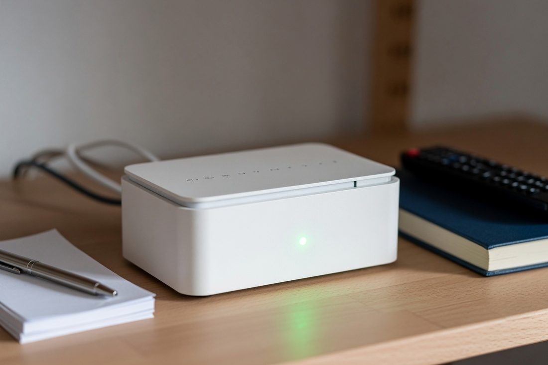 A small white recorder box with a green indicator light sitting on a desk beside a notepad and a television remote