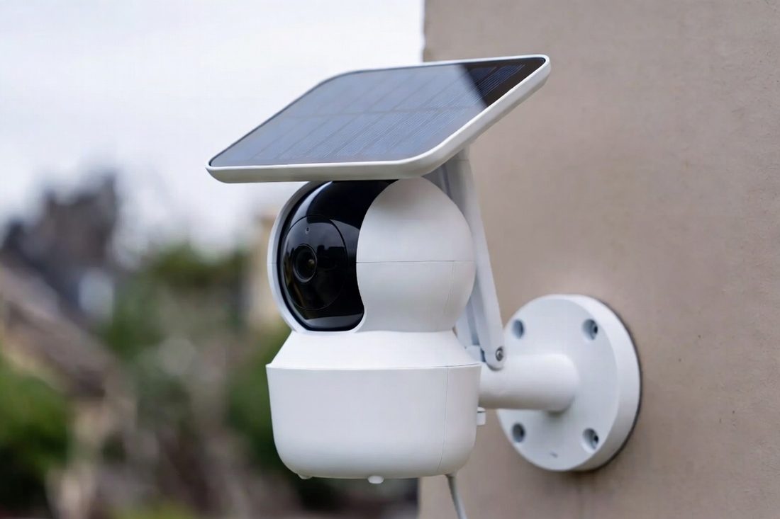 A white outdoor camera with a solar panel mounted above it, fixed to the wall of a house
