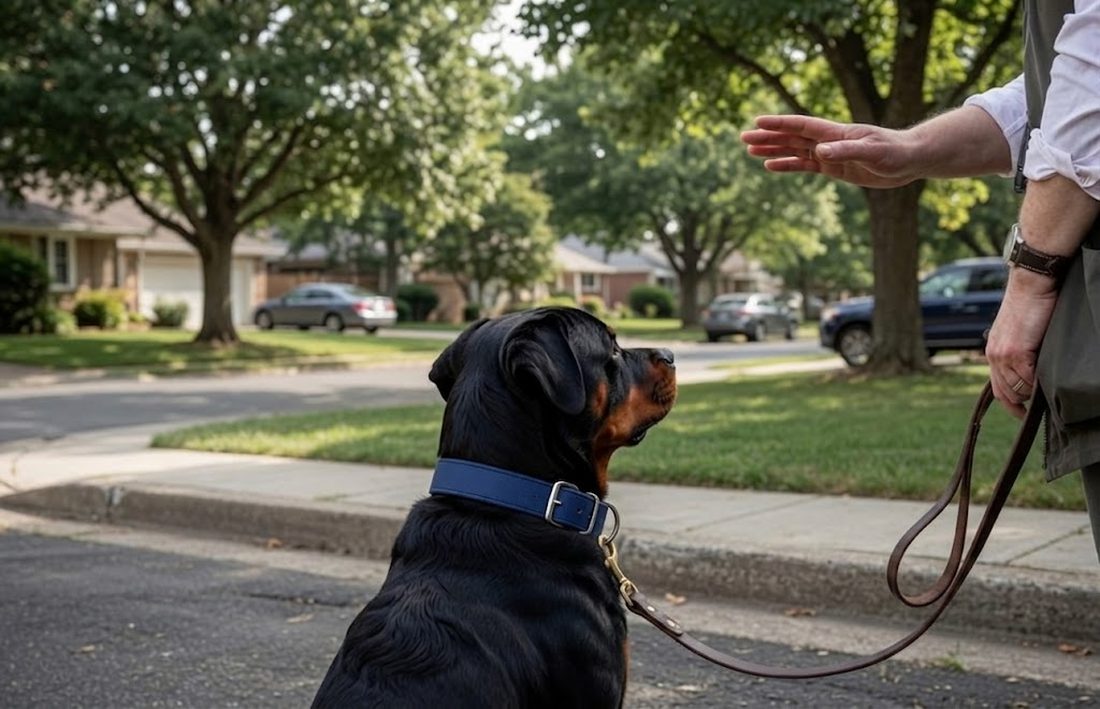 A man holding a leather lead in a closed fist with the loop hanging free, his other hand raised in a stay signal to a large black and tan dog sitting on a quiet residential street