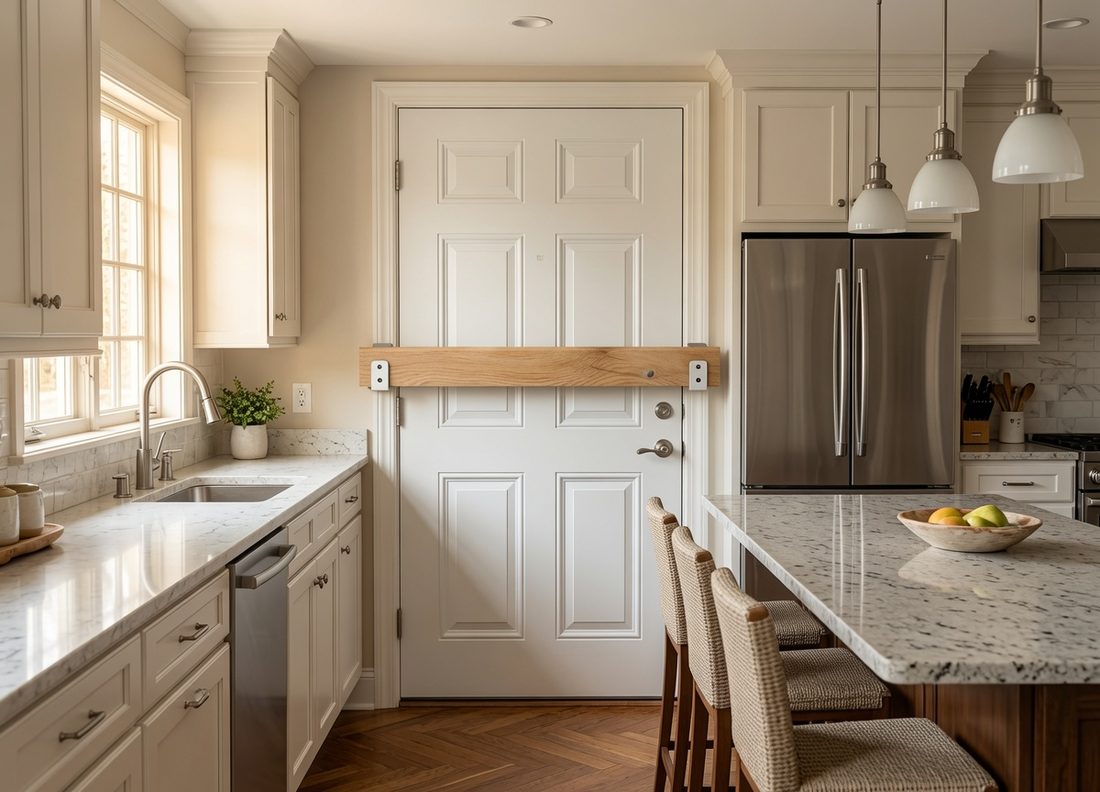 A white interior door in a kitchen fitted with a lever handle, a deadbolt and a wooden security bar seated across it in two metal brackets