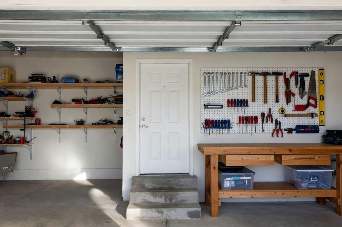 The inside of a domestic garage showing the door that leads into the house, with concrete steps up to it and a tool pegboard on the wall alongside