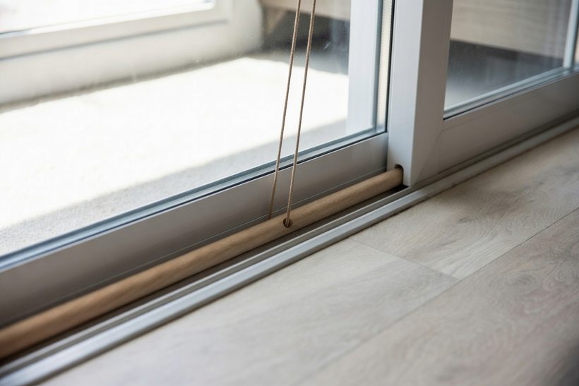 A wooden dowel lying in the bottom track of a closed sliding glass patio door