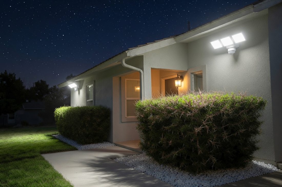 A dense thorny shrub with long spines growing in a bed of white gravel below the front window of a house at night, lit by a motion floodlight under the eave