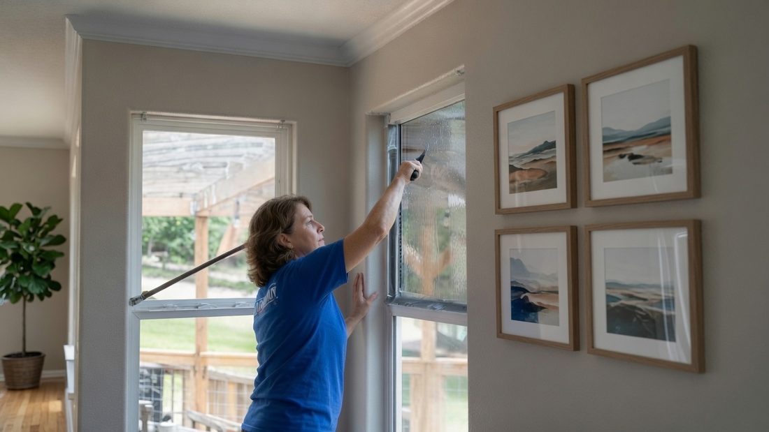A woman applying a sheet of clear security film to the inside of a living room window with a squeegee
