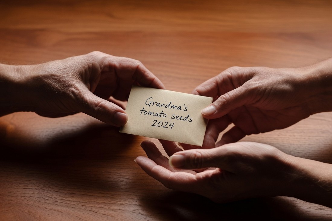 Older hands passing a small hand-labelled paper seed envelope to a younger pair of hands across a wooden table