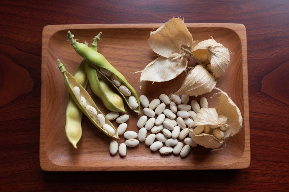 A wooden tray holding split green bean pods with pale beans inside, a scatter of dry white beans, and papery brown husks