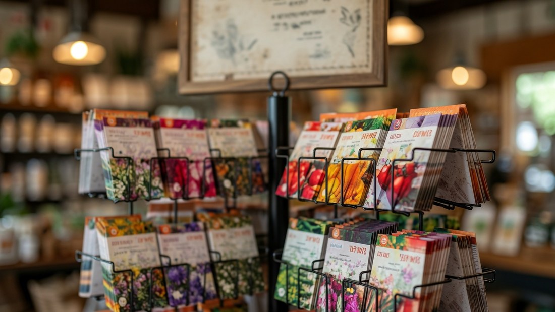 A spinner rack of seed packets in a farm supply store, shelves and hanging lamps behind it