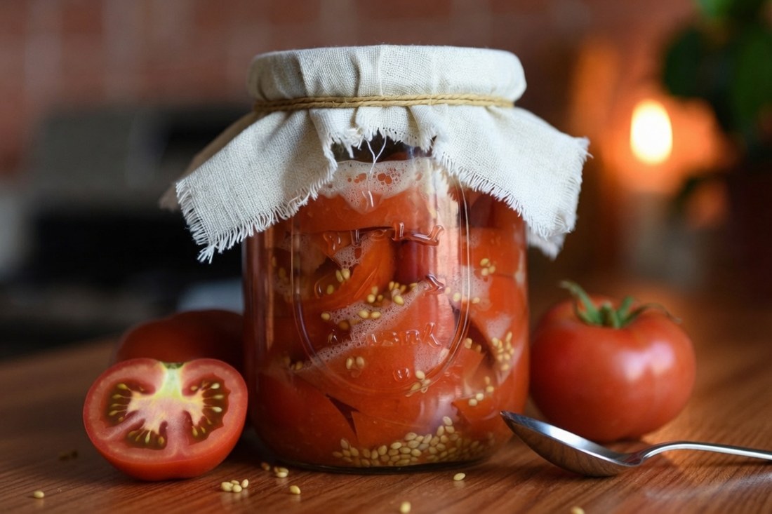 A glass jar of tomato pulp and seeds fermenting on a kitchen counter, covered with a cloth tied at the neck, foam risen at the top