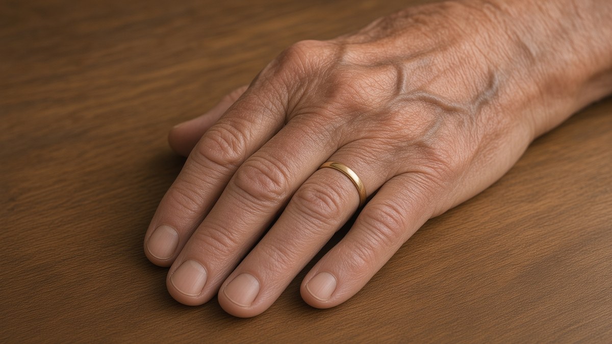 A single elderly hand resting flat on a plain wooden table in daylight, wearing a worn gold wedding band