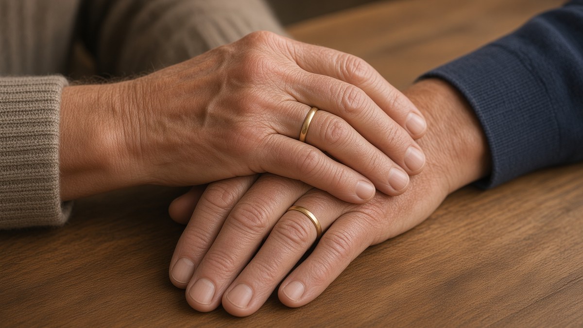 Two elderly hands meeting on a wooden table, one in a grey knitted sleeve and one in a dark blue sleeve, each wearing a plain gold wedding band