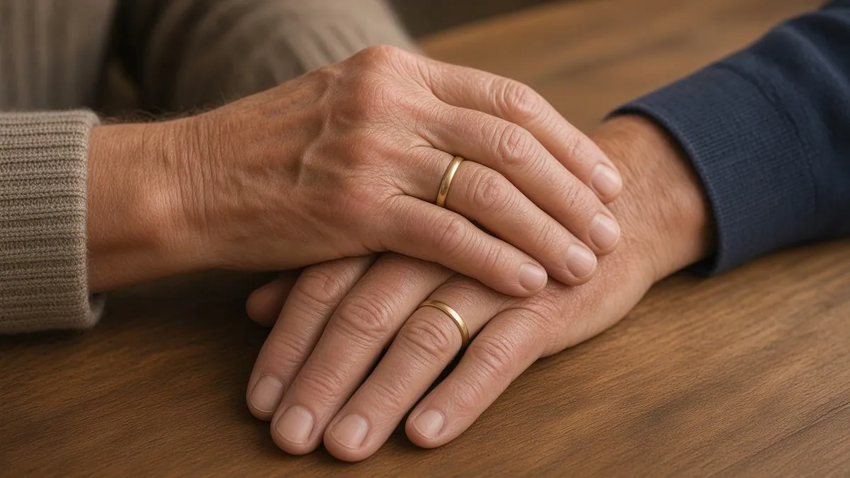 Two elderly hands meeting on a wooden table, one in a grey knitted sleeve and one in a dark blue sleeve, each wearing a plain gold wedding band