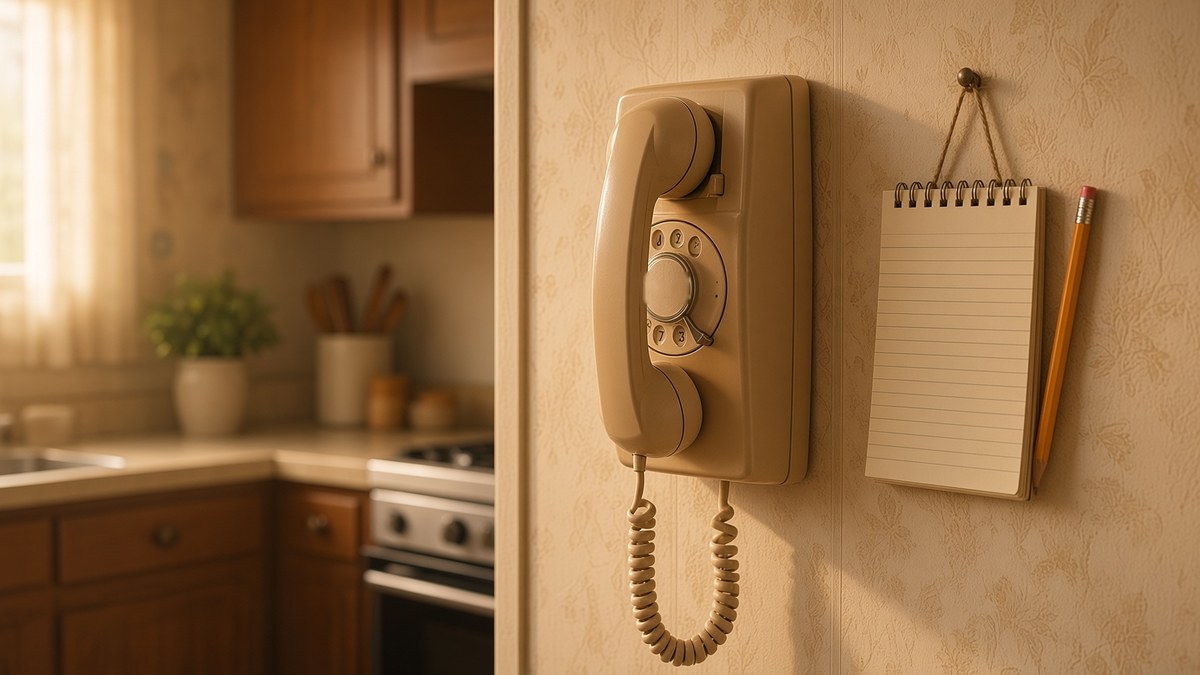 A cream wall-mounted kitchen telephone with a coiled cord, a blank spiral notepad and a pencil hanging on the wall beside it